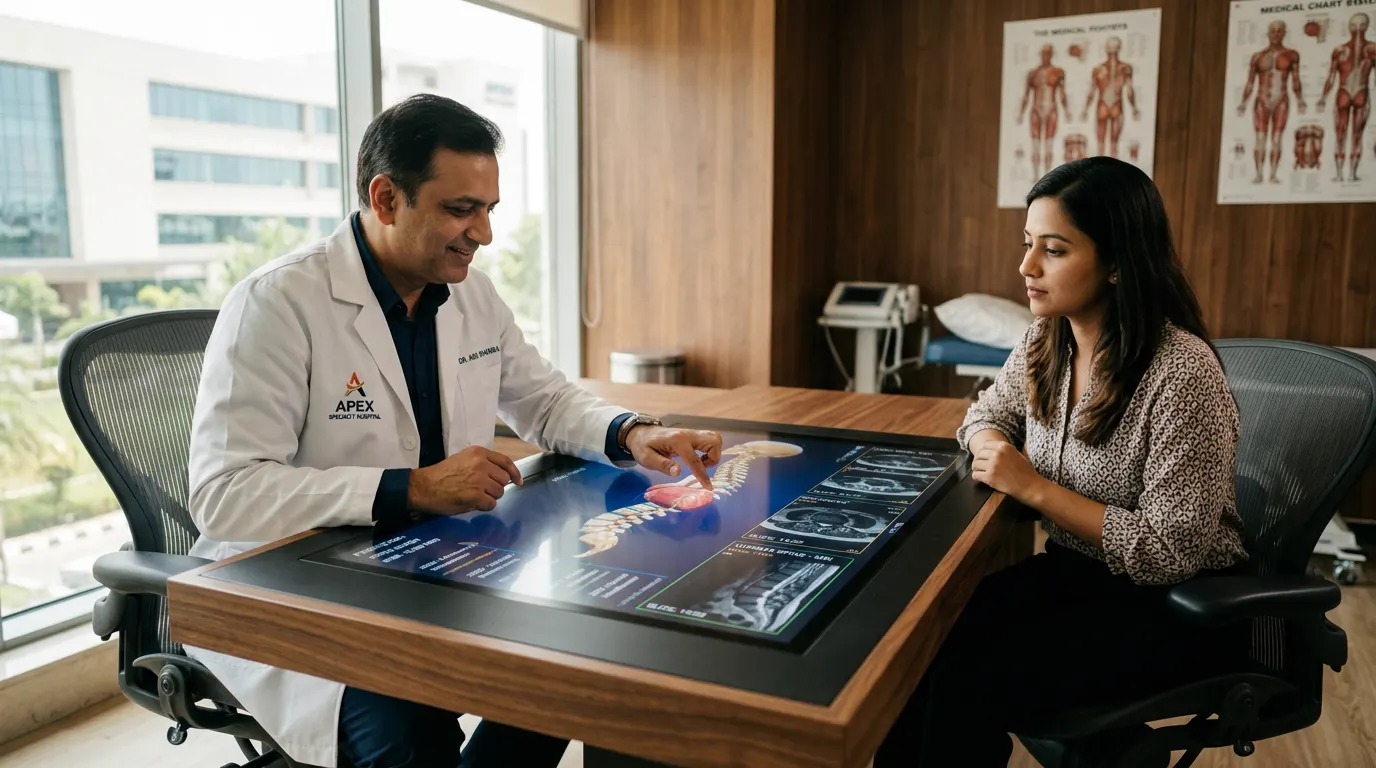 Doctor explaining a spine scan to a patient on an interactive touch table