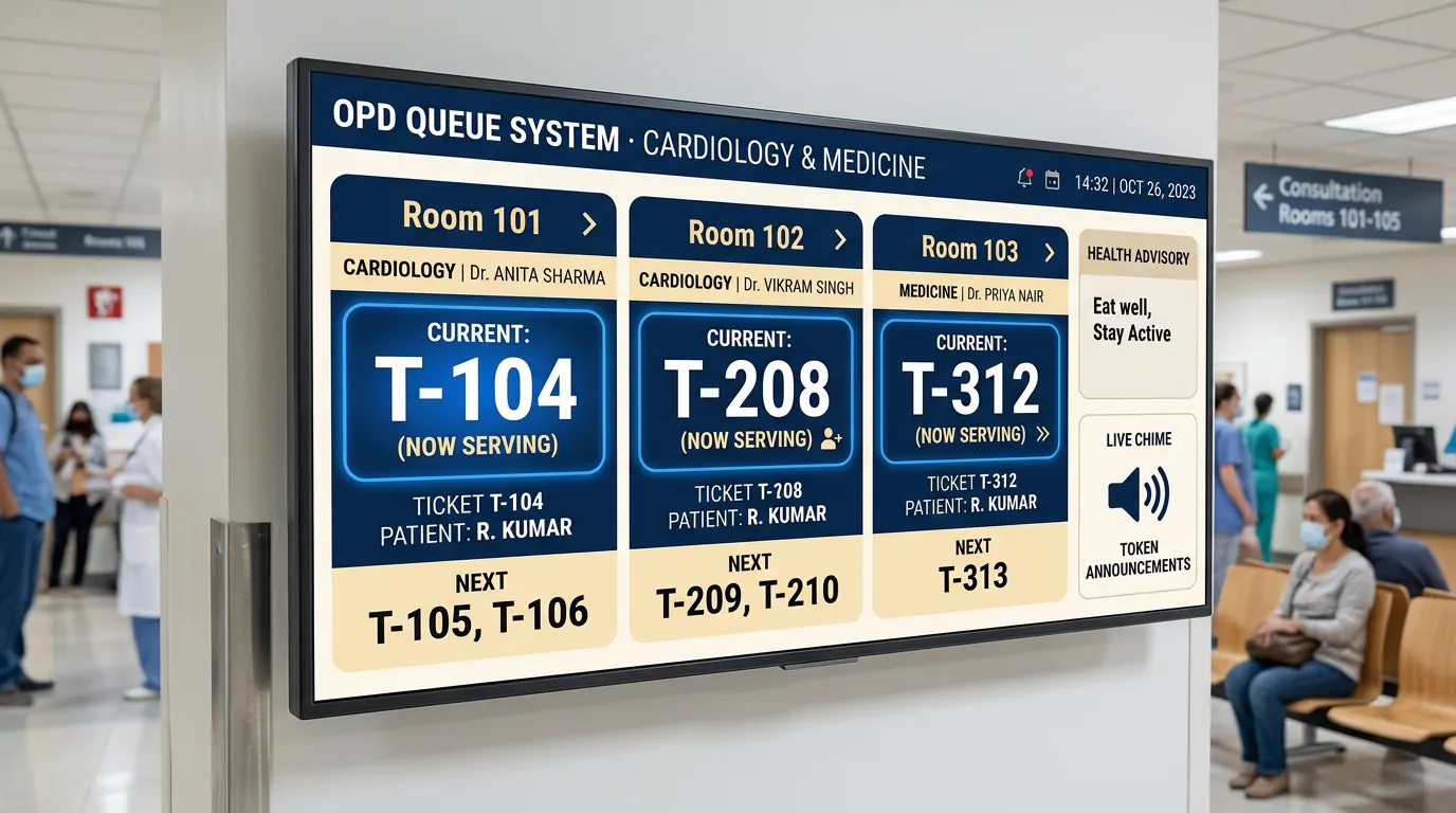 OPD queue display showing now-serving tokens for three consultation rooms with doctor names