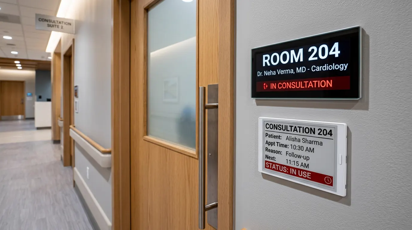 Consultation room door with a digital status display reading In Consultation and an e-ink appointment tag