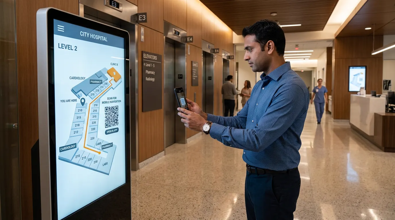 Hospital wayfinding kiosk showing a floor map with a QR code for mobile navigation