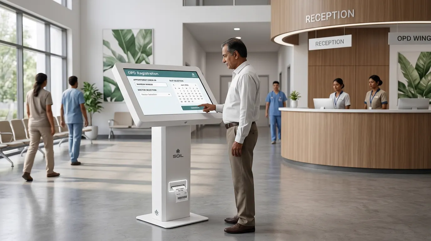 SOIL self-service OPD registration kiosk printing a token slip in a hospital lobby